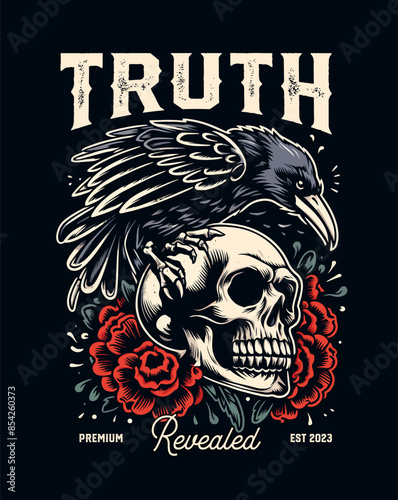 A skull with a crow perched on it on a rose background for t shirt design