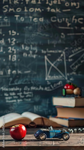 Cube calendar with date 1 SEPTEMBER, apple, books and eyeglasses on table near blackboard. AI generated illustration