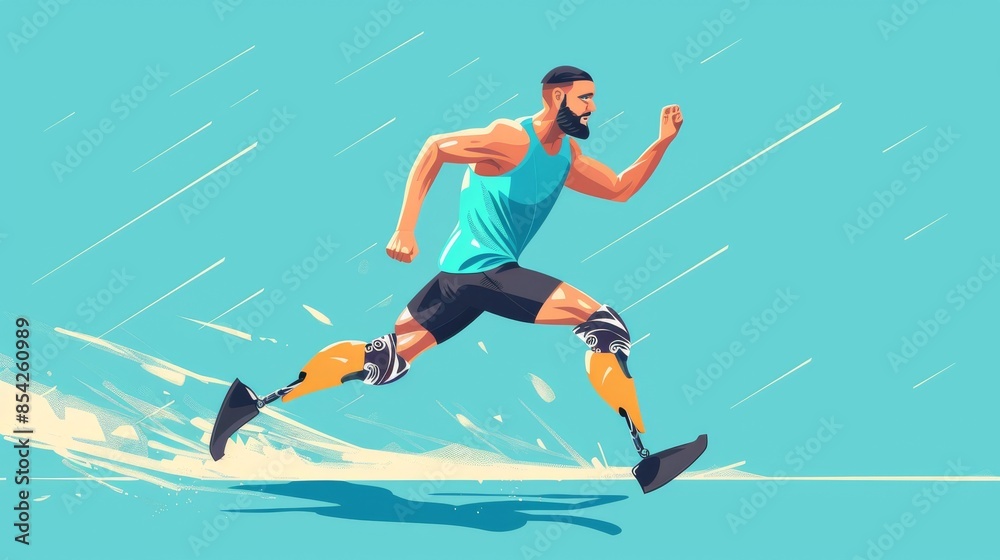 Fototapeta premium illustration of a young male Paralympic athlete, with prosthetic legs, participating in a competition