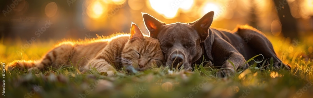 Springtime Slumber: Dog and Cat Relaxing on Fresh Green Meadow in Sunlight for Animal Photography Background Springtime Slumber: Dog and Cat Relaxing on Fresh Green Meadow in Sunlight for Animal Photography Background