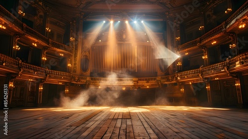 Wide shot of an elegant, empty classic theatre with a spotlight from the stage, golden decorations, and ready to receive the audience for a play or ballet show