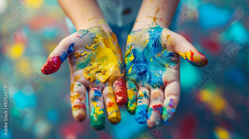 Close-up of a child's hands covered in vibrant paint, showcasing a creative and messy art activity.
