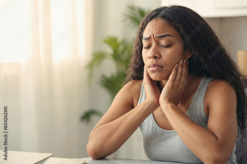 African American young woman with tooth pain sitting in living room African American young woman with tooth pain sitting in living room