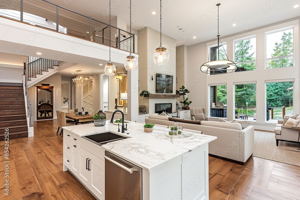 Kitchen and living room interior in new luxury home with open concept ...