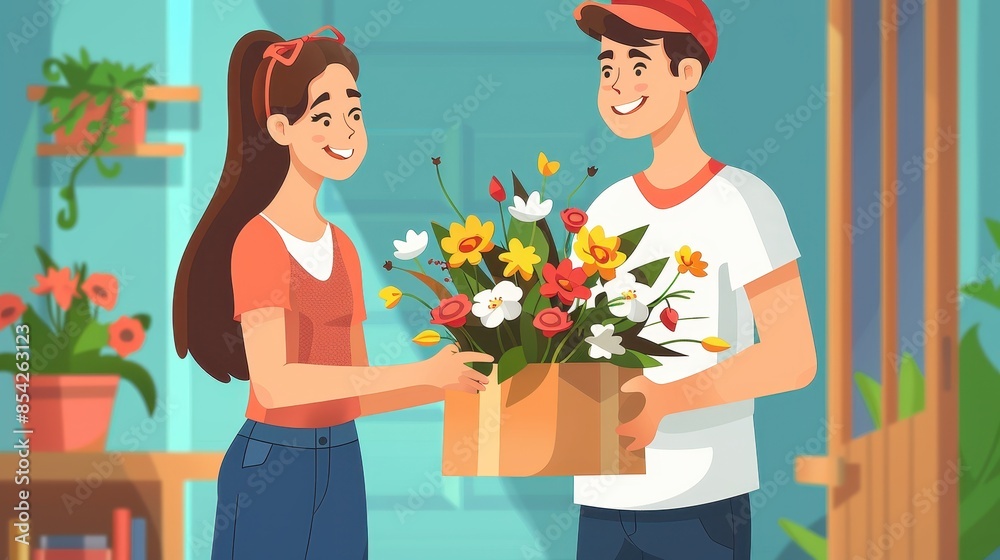 Digital art of a couple with blurred faces exchanging flowers in front of a shop Digital art of a couple with blurred faces exchanging flowers in front of a shop