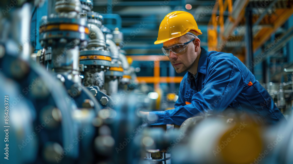 Fototapeta premium Male engineer in a hard hat and safety glasses inspecting industrial machinery, ensuring operational efficiency in a factory.