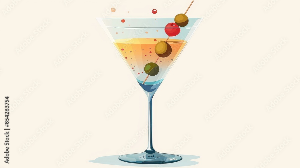 Artistic martini glass with layers of colored liquids and olive garnish on a transparent background Artistic martini glass with layers of colored liquids and olive garnish on a transparent background