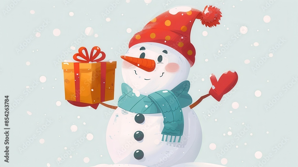 A cute snowman wears a scarf and hat, holding a present, with light snowfall A cute snowman wears a scarf and hat, holding a present, with light snowfall