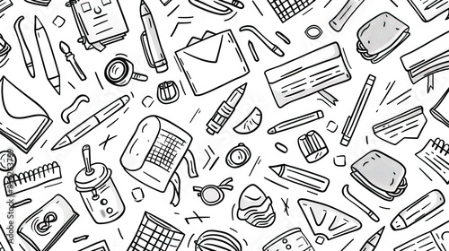 School supplies seamless pattern. Education accessories pencil and pen notebook black line doodle cartoon isolated on white background creative design textile. AI generated illustration