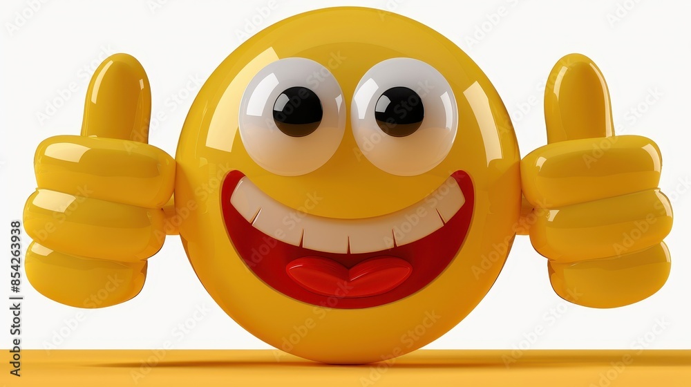 3D Rendered Smiley Face Emoji With Two Thumbs Up Indicating Positivity