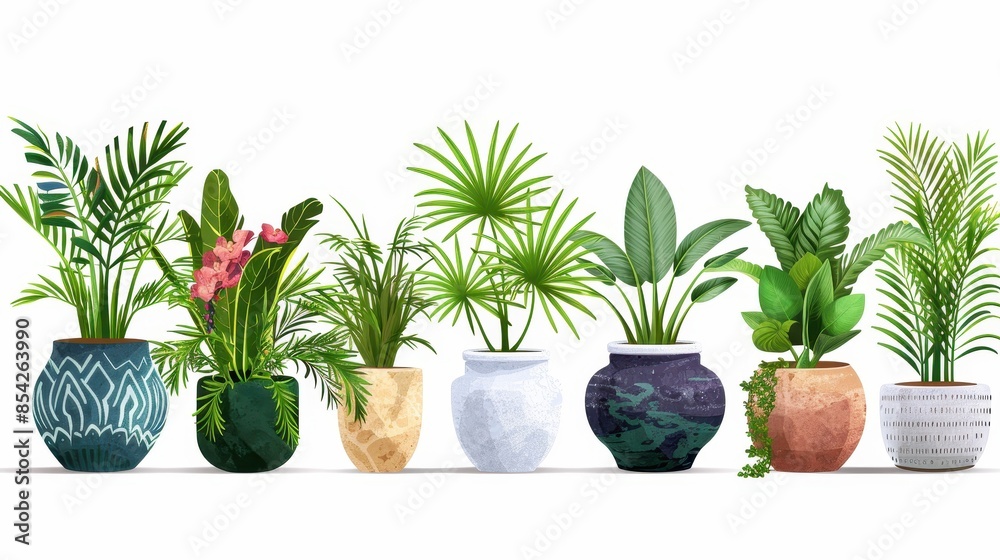 An array of tropical houseplants in decorative pots isolated on a white background