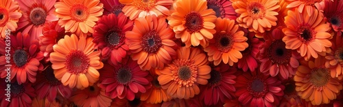 Beautiful Blooming Gerberas on Field: Orange and Red Flowers Background Banner Texture, Closeup Top View - Asteraceae