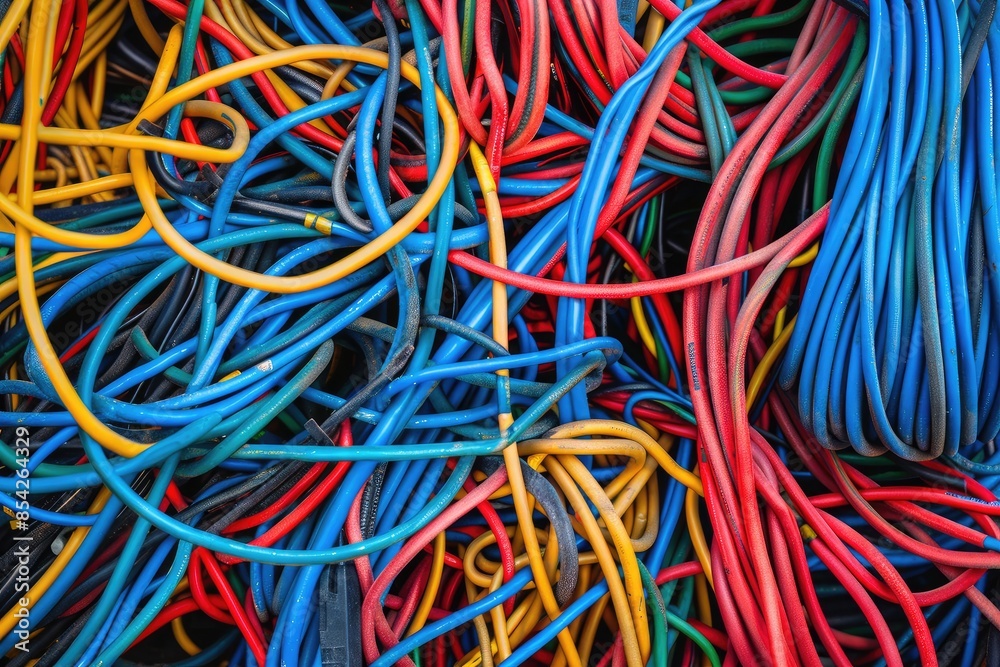 A bunch of tangled wires in a pile. The wires are of different colors and are twisted together. Concept of chaos and disorganization