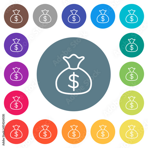 Money bag dollar outline flat white icons on round color backgrounds