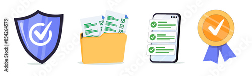 Check icons set. Documents approve symbol and quality guarantee certificate. Document agreeing and signing offer. Done