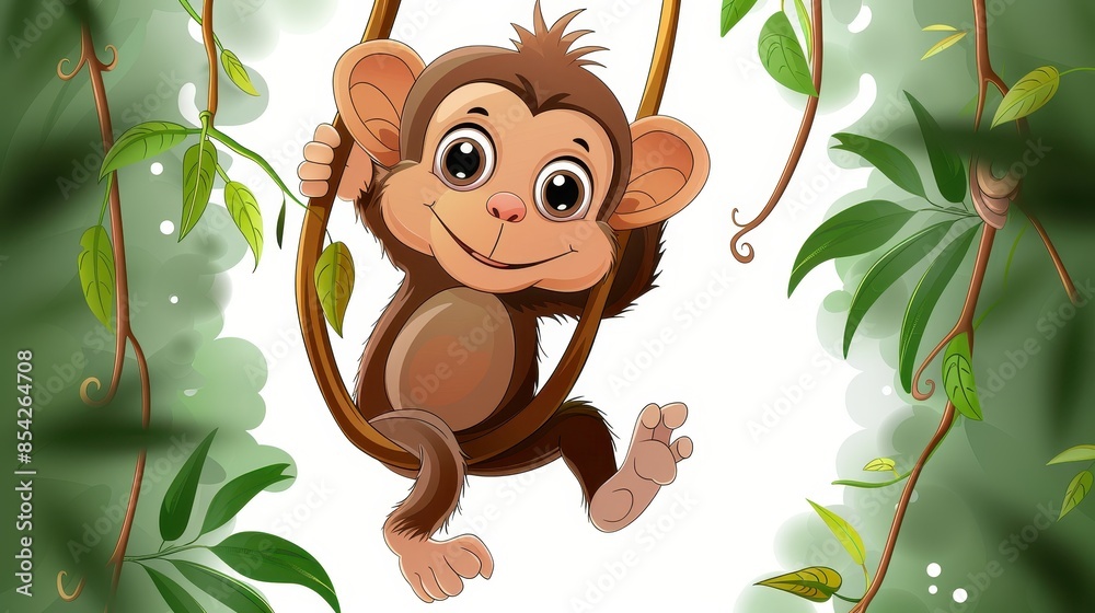Cute cartoon monkey swinging on vines surrounded by a lush jungle leaf background Cute cartoon monkey swinging on vines surrounded by a lush jungle leaf background