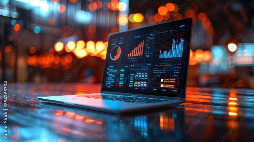 Corporate Data Analysis Infographic on Futuristic Laptop Screen Mockup with Cloud Computing Concept Corporate Data Analysis Infographic on Futuristic Laptop Screen Mockup with Cloud Computing Concept
