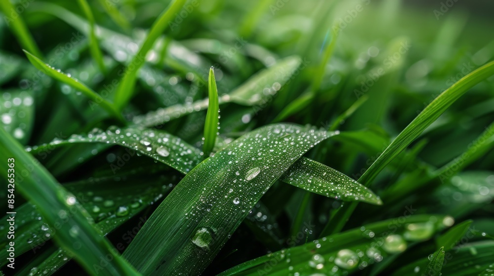 The grass is wet and shiny, with droplets of water on the leaves The grass is wet and shiny, with droplets of water on the leaves