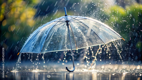 Transparent umbrella under rain against water drops splash background. Rainy weather concept. © Matan