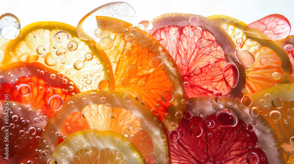Citrus fruit slices in water with bubbles Citrus fruit slices in water with bubbles