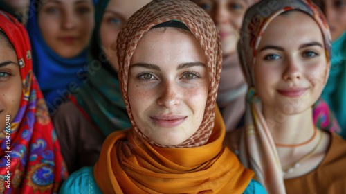 Confident young woman wearing a hijab, surrounded by other women in colorful headscarves, showcasing diversity and empowerment.