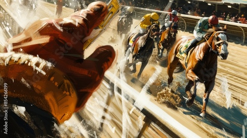 A man's hand in a glove holds a bet against the background of horse racing