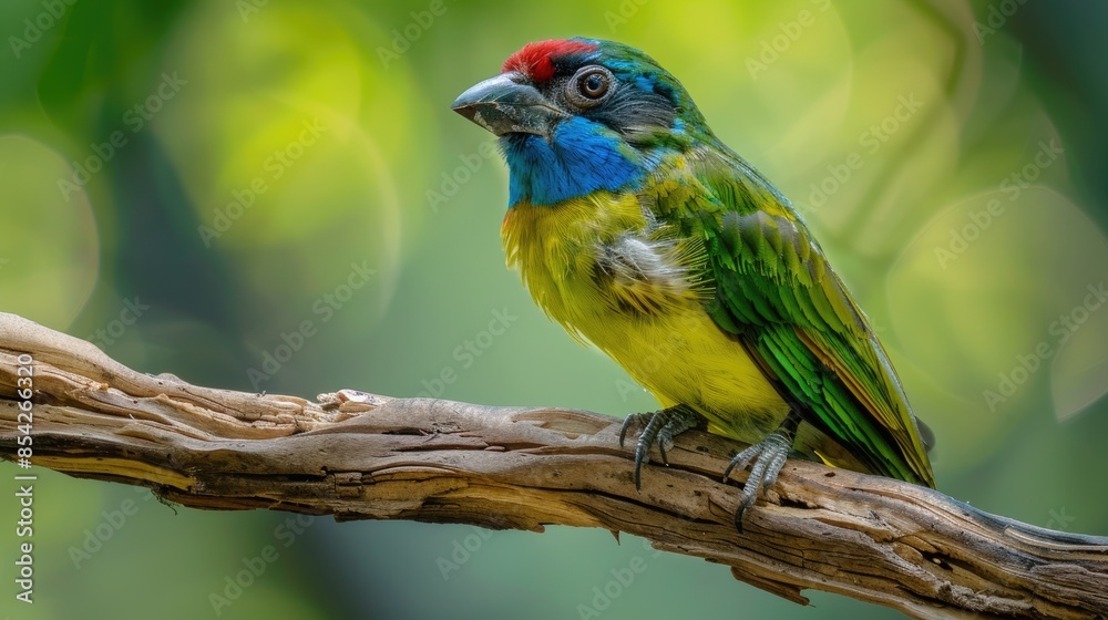 Barbet with blue throat perched on large branch Barbet with blue throat perched on large branch