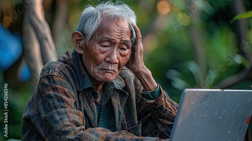 An old man is sitting in a forest and looking at a laptop. He is deep in thought photo