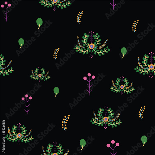 seamless repeat pattern with unique colorful floral motifs on a black back ground perfect for fabric, scrap booking, wallpaper, gift wrap projects