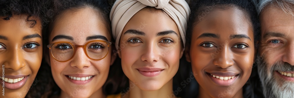 Diversity in Smiling Faces. A close-up of five people from diverse backgrounds, all smiling and expressing unity and happiness. Ideal for inclusivity and community-related content in advertising Diversity in Smiling Faces. A close-up of five people from diverse backgrounds, all smiling and expressing unity and happiness. Ideal for inclusivity and community-related content in advertising