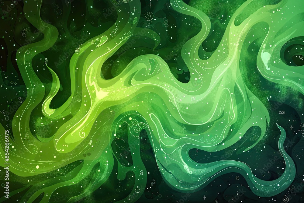 Obraz premium A green and purple swirl of fire with stars and circles