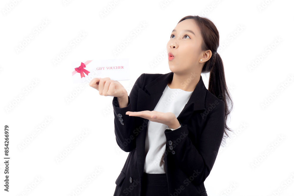 Portrait happiness beautiful young asian businesswoman showing and present gift voucher or coupon with satisfied isolated white background, business woman shopping, discount sale and promotion. Portrait happiness beautiful young asian businesswoman showing and present gift voucher or coupon with satisfied isolated white background, business woman shopping, discount sale and promotion.