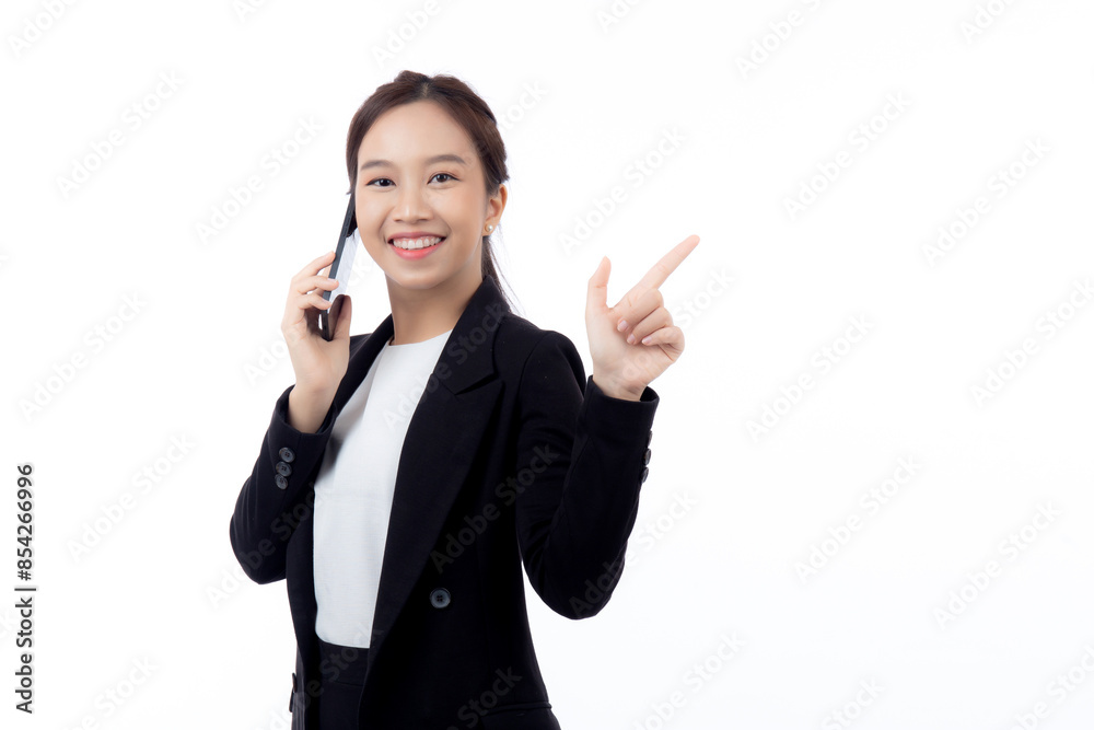 Portrait young asian businesswoman in suit gesture surprised while talking on smartphone and presenting and showing isolated white background, business woman excited with amazed, business concept.