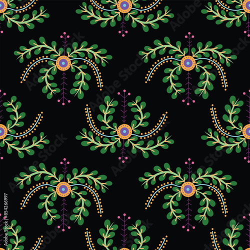 seamless repeat pattern with unique colorful floral motif on a black background perfect for fabric, scrap booking, wallpaper, gift wrap projects