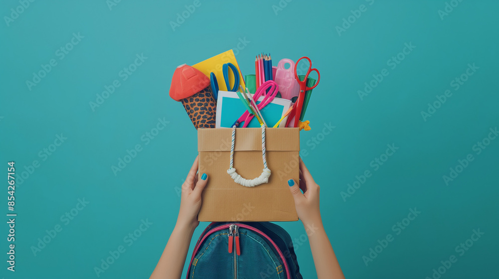 Womens hands holding donation box with backpack full of vibrant school supplies on blue background. Educational donations concept Womens hands holding donation box with backpack full of vibrant school supplies on blue background. Educational donations concept