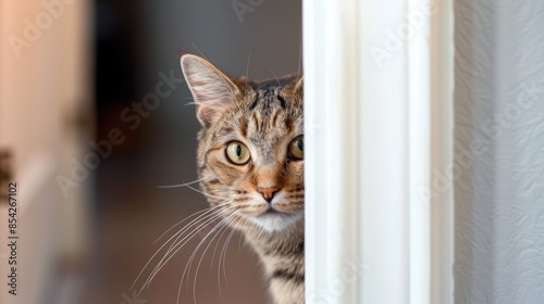 Wallpaper Mural A cat peeks from behind a door in a room Blank area Torontodigital.ca