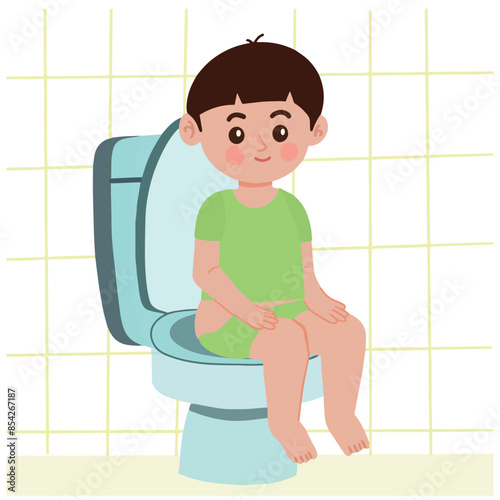 Cute little boy kid sit on potty toilet training cartoon illustration