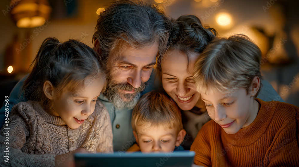 Family bonding time over digital tablet. A warm and cozy family gathering showing children and parents engaged with a digital device. For illustrating concepts of family, technology, and togetherness Family bonding time over digital tablet. A warm and cozy family gathering showing children and parents engaged with a digital device. For illustrating concepts of family, technology, and togetherness