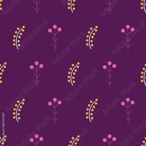 seamless repeat pattern with simple floral motifs in pink and brand on a violet background perfect for fabric, scrap booking, wallpaper, gift wrap projects