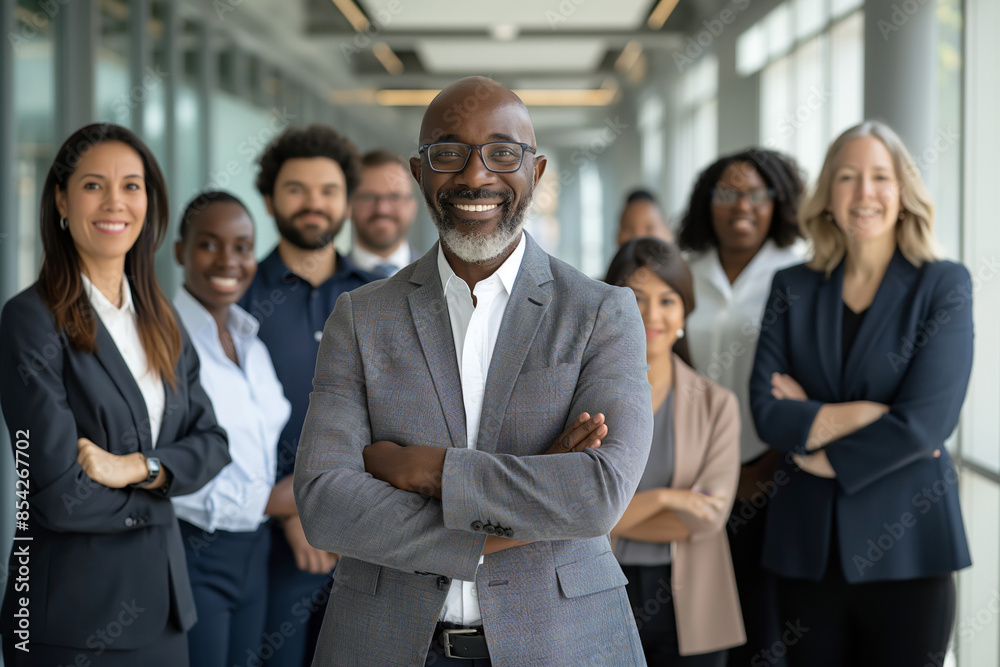 Confident business leader with diverse team. A powerful image showcasing leadership, teamwork, and corporate unity. Ideal for business presentations, marketing campaigns, and editorial content. Confident business leader with diverse team. A powerful image showcasing leadership, teamwork, and corporate unity. Ideal for business presentations, marketing campaigns, and editorial content.