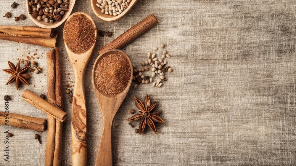 Cinnamon sticks and seeds in wooden spoons on wooden pattern background Cinnamon sticks and seeds in wooden spoons on wooden pattern background