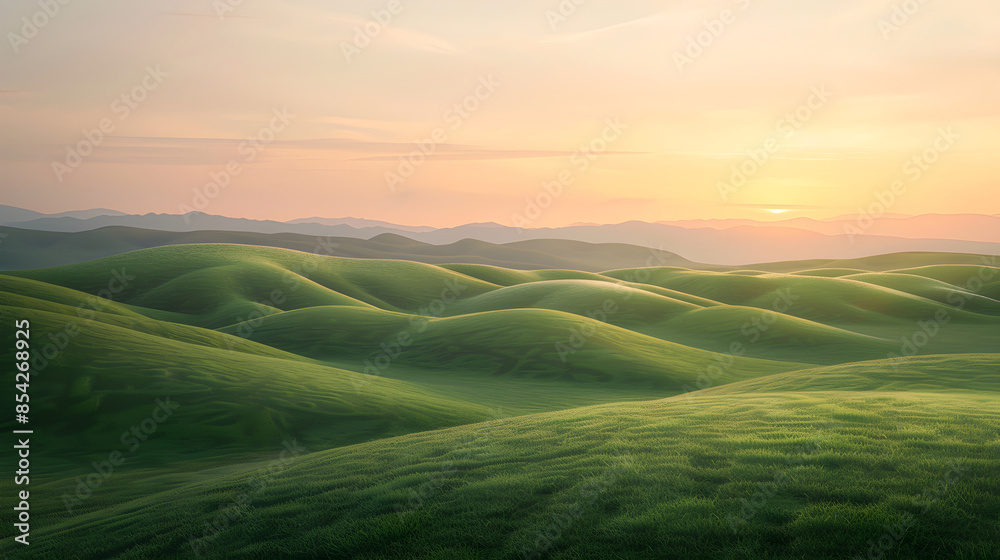 Tranquil Sunset Over Rolling Green Hills - A Serene Landscape Evoking Peace and Harmony with Nature Tranquil Sunset Over Rolling Green Hills - A Serene Landscape Evoking Peace and Harmony with Nature
