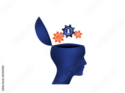 3d open mind business man, woman head with gears, lightbulb, airplane, chess piece vector. Business infographics design to use for teamwork, brainstorming, leadership, career, motivation projects.
