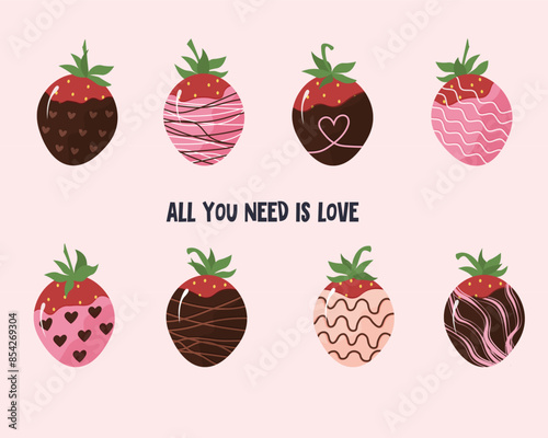 Chocolate covered strawberries. Fresh berries in dark and light chocolate. Sweet gifts for the holidays. Set of illustrations with text. Vector illustration