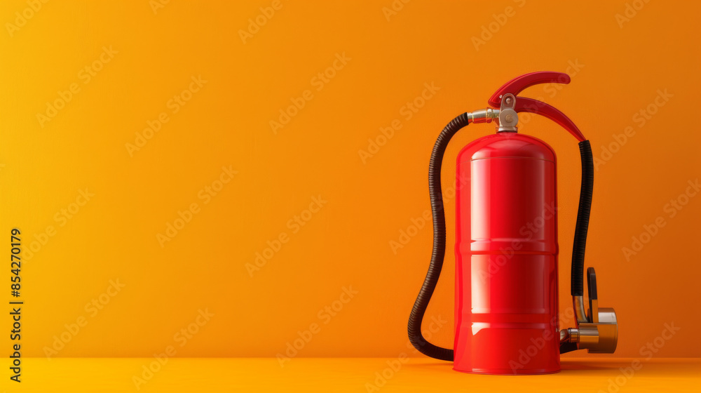Obraz premium Red fire extinguisher against a bright orange background, emphasizing fire safety equipment in vibrant, modern settings.