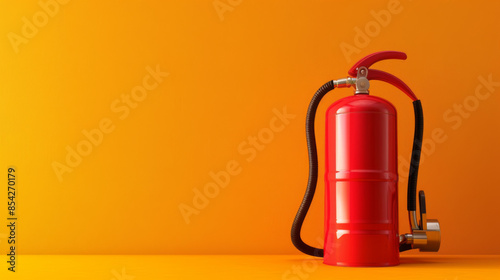 Red fire extinguisher against a bright orange background, emphasizing fire safety equipment in vibrant, modern settings. photo