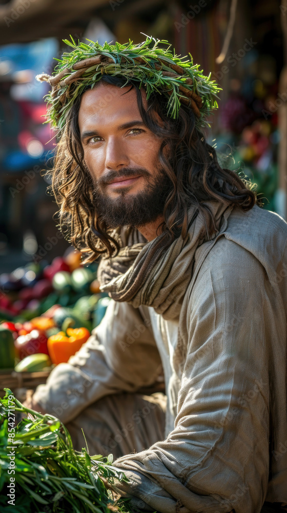 Fototapeta premium Jesus Blessing Farmers Market Produce, Modern Depictions of Jesus, Inspirational Imagery, Contemporary Religious Art, Jesus in Today's World, Uplifting Messages, Spiritual Guidance, Faith and Hope, Je
