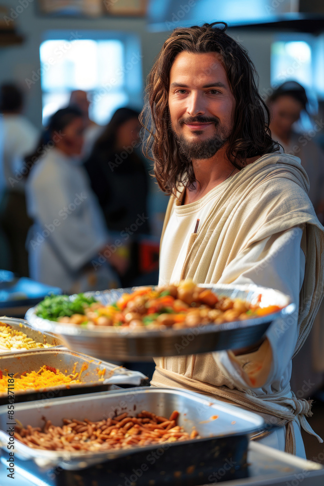 Divine Figure Distributing Food Aid., Modern Depictions of Jesus, Inspirational Imagery, Contemporary Religious Art, Jesus in Today's World, Uplifting Messages, Spiritual Guidance, Faith and Hope, Jes