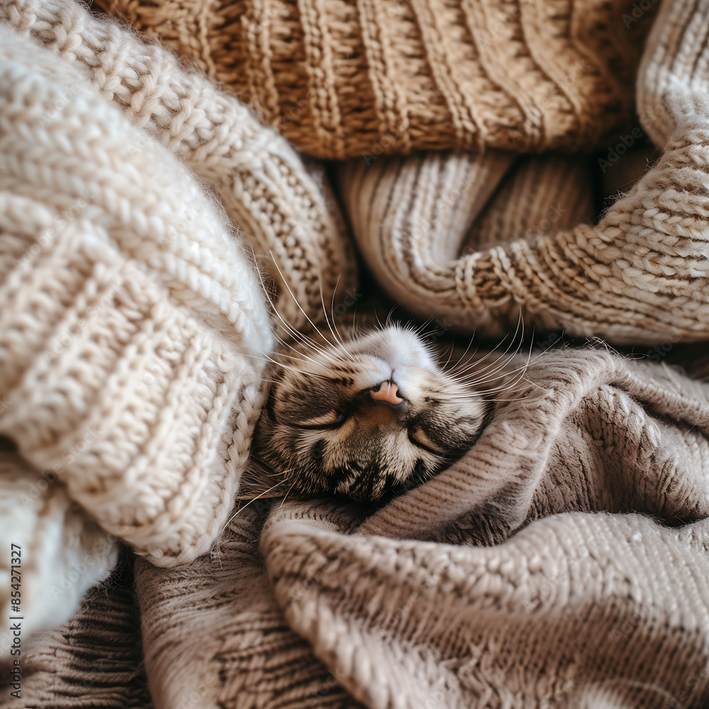 Photo of a cat buried in a pile of sweaters, only the animal's nose is visible, the concept of seasonality, domesticity and care, the cat's face inside a stack of knitted clothes Photo of a cat buried in a pile of sweaters, only the animal's nose is visible, the concept of seasonality, domesticity and care, the cat's face inside a stack of knitted clothes