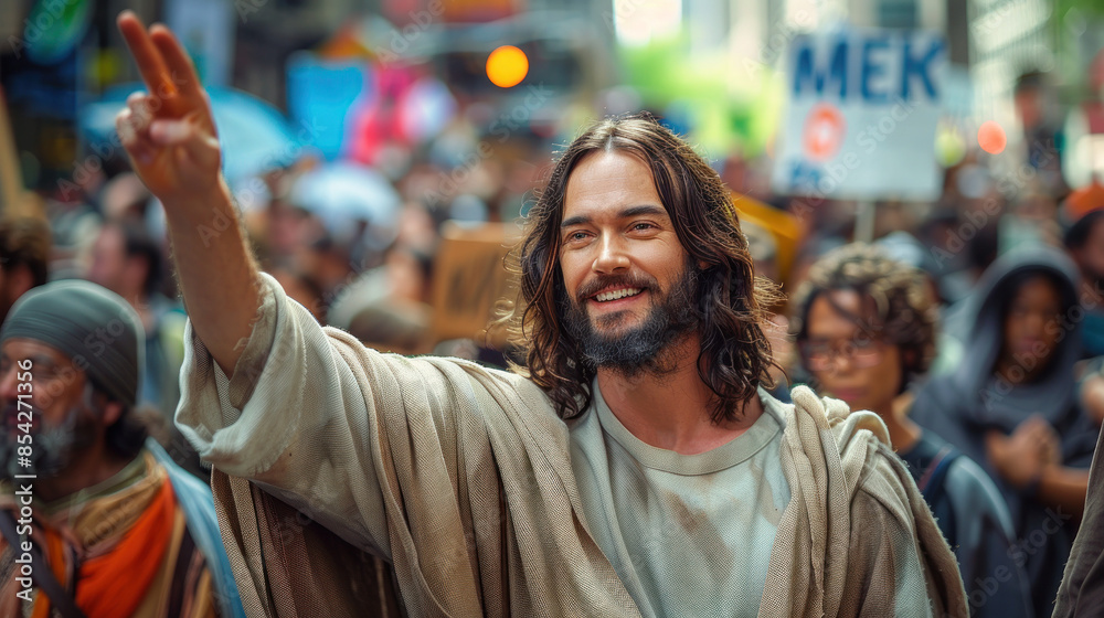 Fototapeta premium Jesus Christ Leading Protest in the Streets, Modern Depictions of Jesus, Inspirational Imagery, Contemporary Religious Art, Jesus in Today's World, Uplifting Messages, Spiritual Guidance, Faith and Ho